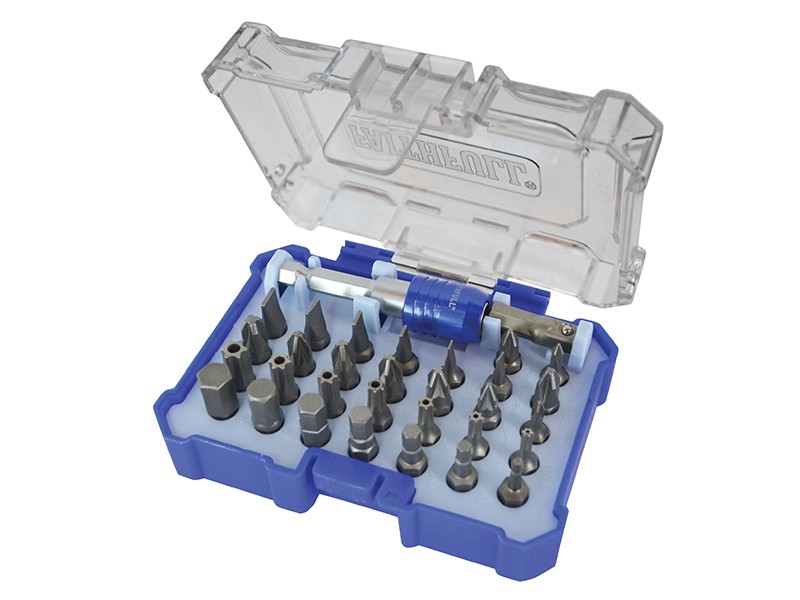 A set of 32 Faithfull screwdrivers with colour-coded handles covering a range of flathead and Phillips sizes.,
