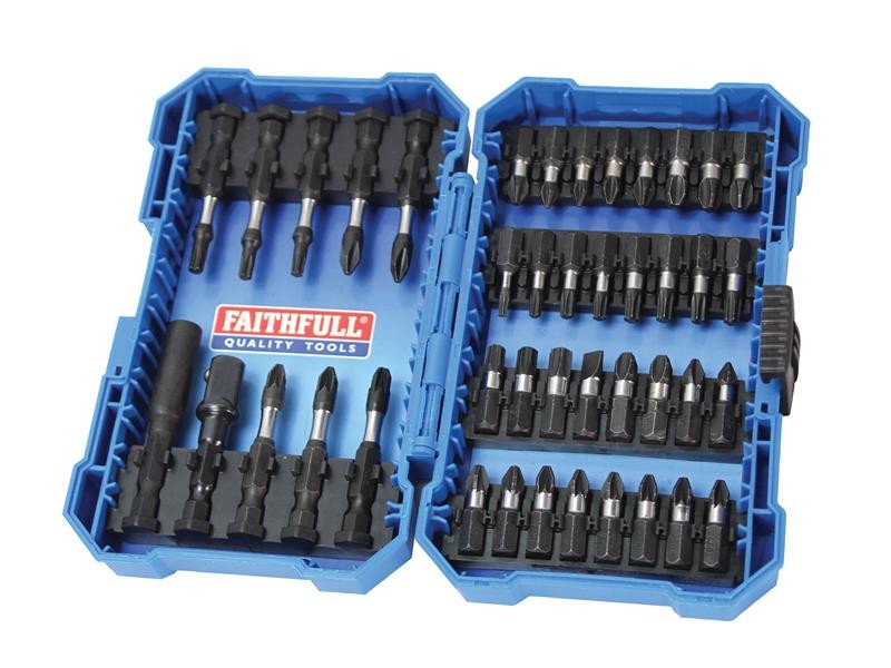 A set of 42 Faithfull screwdrivers with colour-coded handles covering a range of flathead and Phillips sizes.,