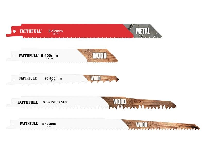 A reciprocating saw blade with a universal tang fitting and bi-metal teeth, for demolition cutting through timber, nails, and pipe.