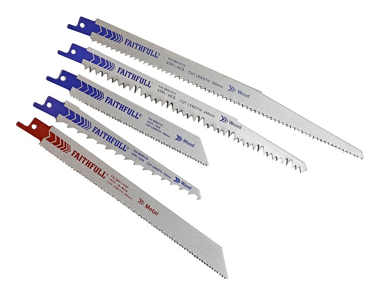 A reciprocating saw blade with a universal tang fitting and bi-metal teeth, for demolition cutting through timber, nails, and pipe.