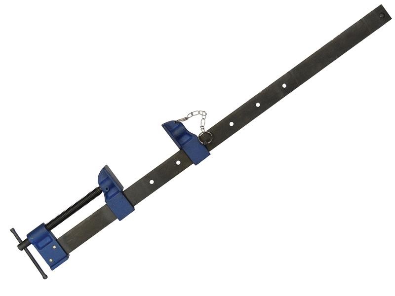 A Faithfull sash clamp with a long steel bar, a fixed jaw, and a sliding adjustable tail stop, for clamping wide assemblies during gluing.