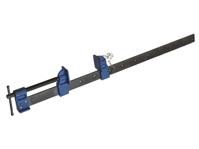 A Faithfull sash clamp with a long steel bar, a fixed jaw, and a sliding adjustable tail stop, for clamping wide assemblies during gluing.