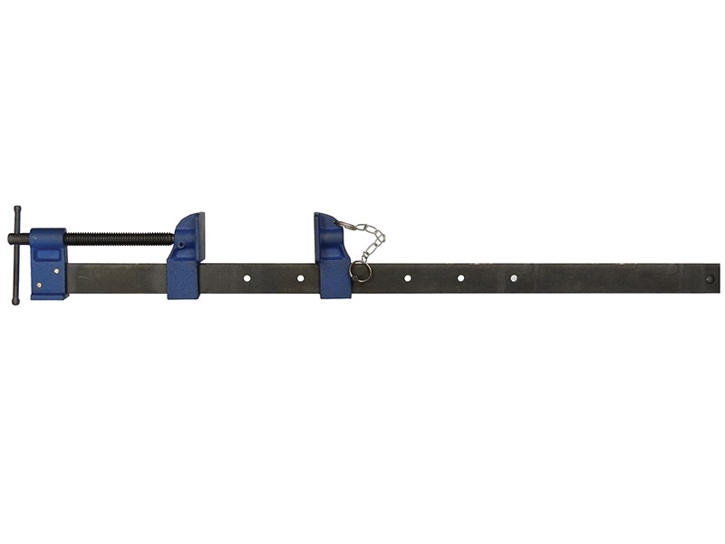 A Faithfull sash clamp with a long steel bar, a fixed jaw, and a sliding adjustable tail stop, for clamping wide assemblies during gluing.