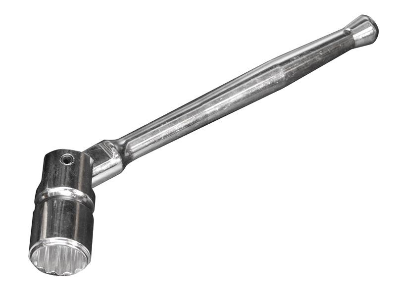 A scaffold spanner with a box-section ratcheting ring and a pointed podger bar handle, for assembling scaffold tube fittings.