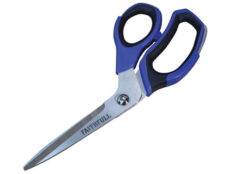 A pair of metal scissors with blue and black plastic handles. The word FAITHFULL is printed on one of the blades.,