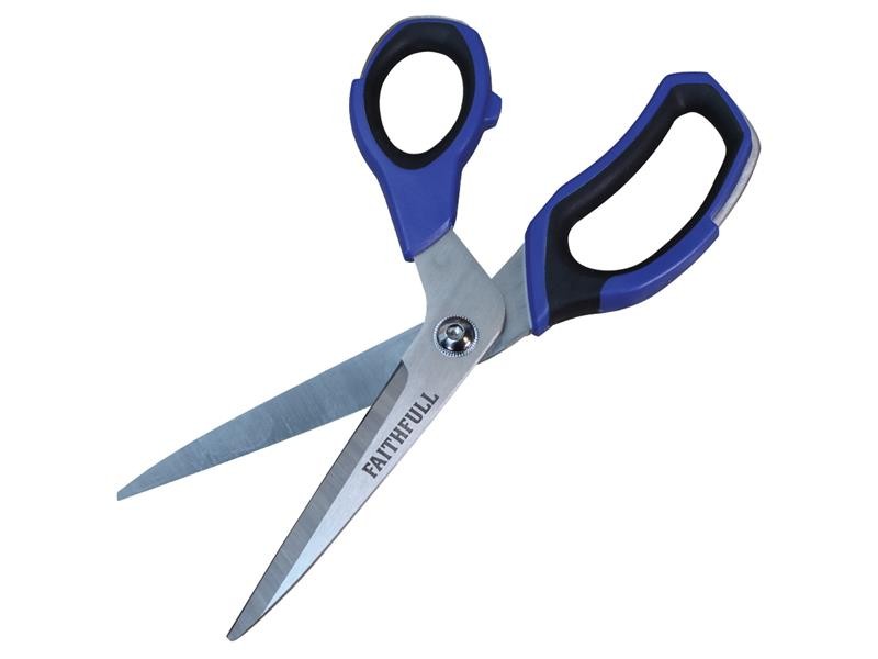 A pair of metal scissors with blue and black ergonomic handles, partially open, showing the word FAITHFULL printed on one of the blades.