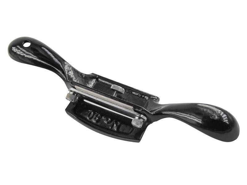 A black metal spokeshave with two handles and an adjustable blade in the center, typically used for shaping and smoothing wood.