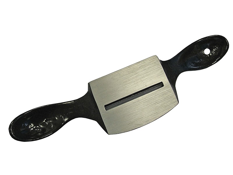 A metal spokeshave tool with a flat blade in the center and two black handles on either side, used for shaping and smoothing wood.
