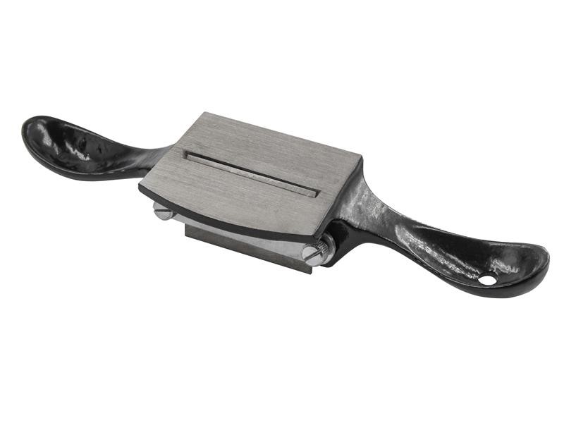 A metal spokeshave tool with a flat blade and two curved handles on either side, used for shaping and smoothing wood.