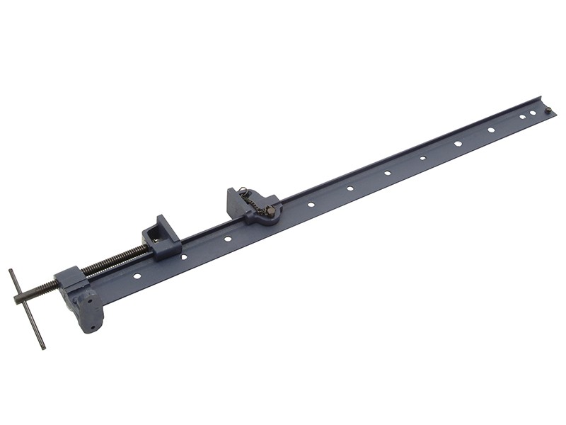 A Faithfull sash clamp with a long steel bar, a fixed jaw, and a sliding adjustable tail stop, for clamping wide assemblies during gluing.