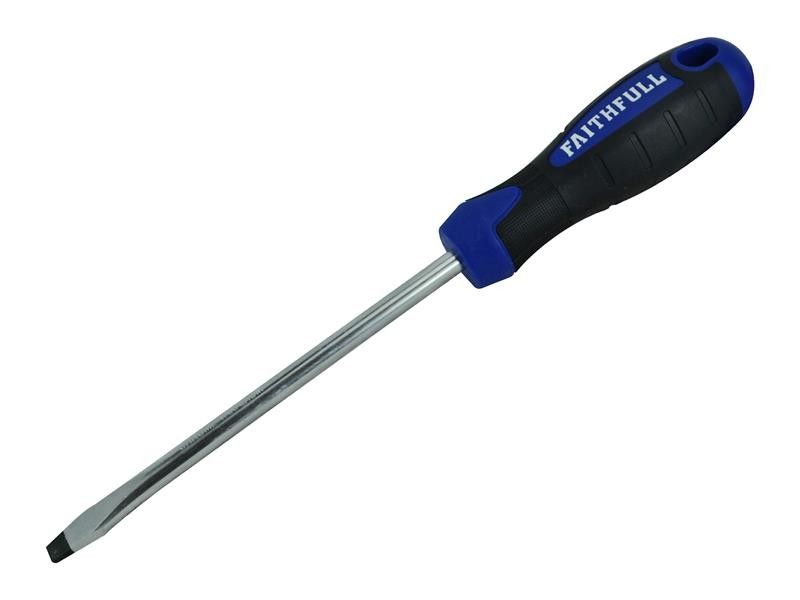 A Faithfull flathead screwdriver with a comfort-grip handle and a hardened steel tip, for general assembly and fastening work.