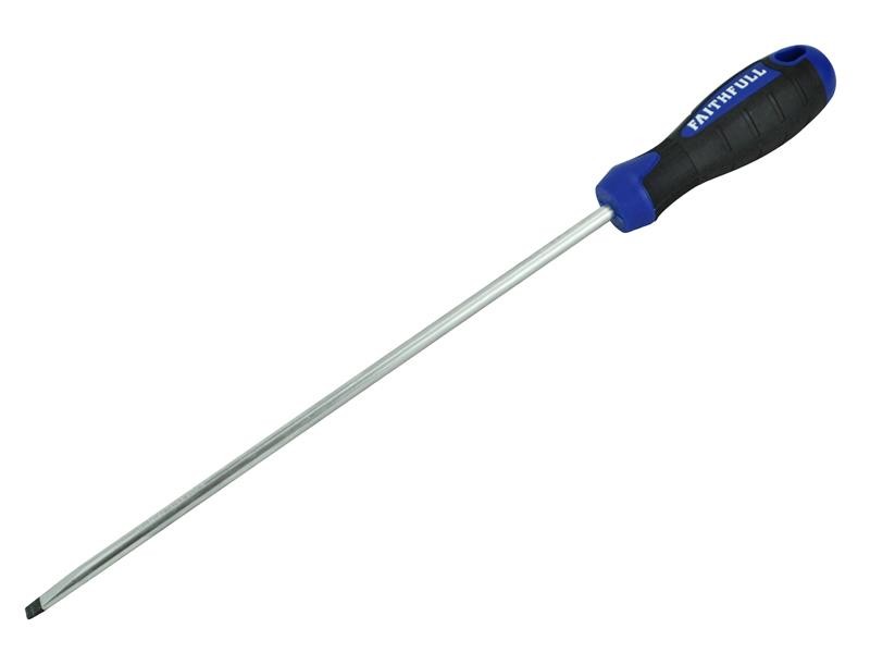 A Faithfull flathead screwdriver with a comfort-grip handle and a hardened steel tip, for general assembly and fastening work.