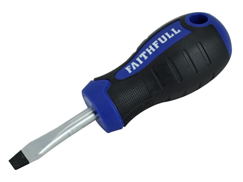 A Faithfull flathead screwdriver with a comfort-grip handle and a hardened steel tip, for general assembly and fastening work.