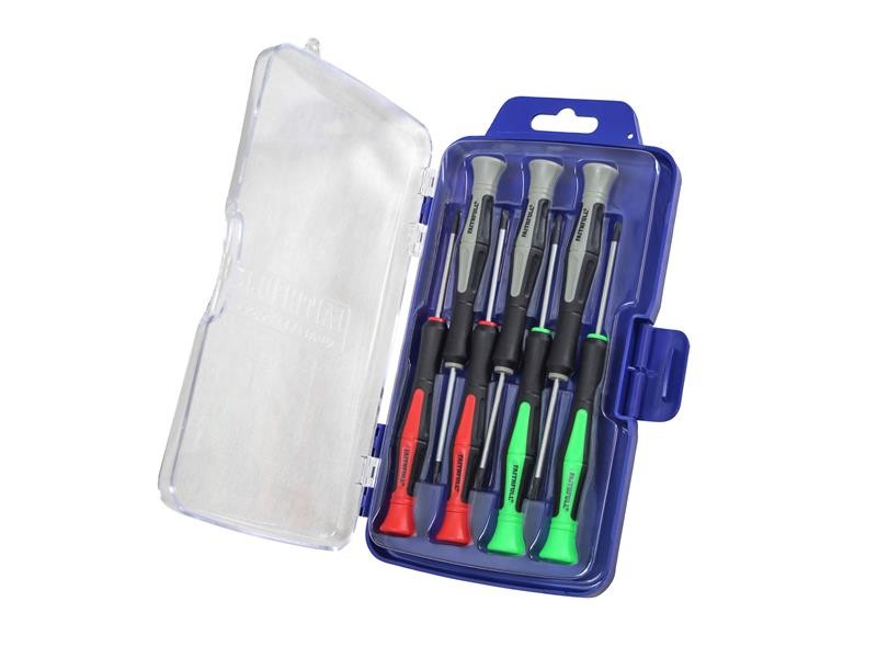 A set of 7 Faithfull screwdrivers with colour-coded handles covering a range of flathead and Phillips sizes.,