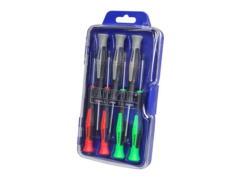 A set of 7 Faithfull screwdrivers with colour-coded handles covering a range of flathead and Phillips sizes.,