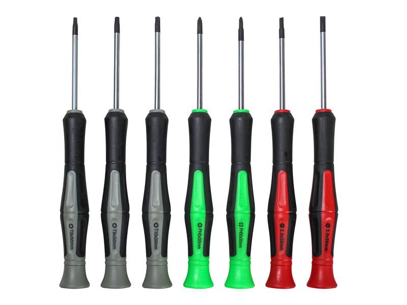 A set of 7 Faithfull screwdrivers with colour-coded handles covering a range of flathead and Phillips sizes.,