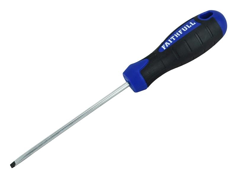A Faithfull flathead screwdriver with a comfort-grip handle and a hardened steel tip, for general assembly and fastening work.
