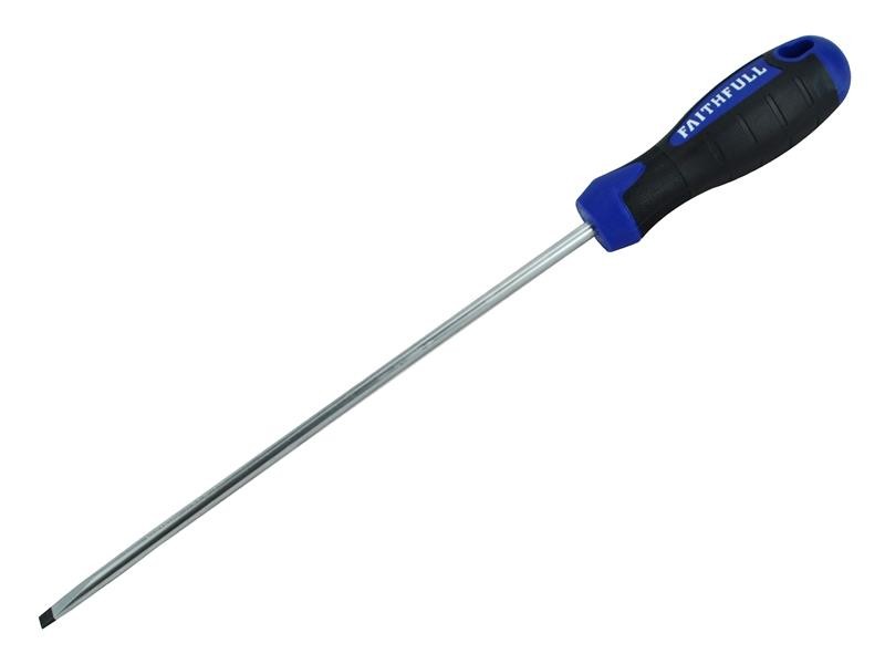 A Faithfull flathead screwdriver with a comfort-grip handle and a hardened steel tip, for general assembly and fastening work.