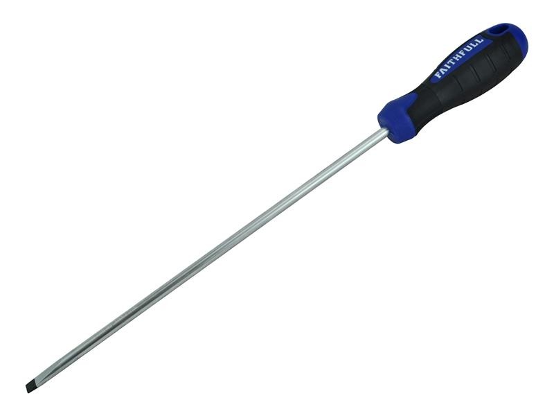 A Faithfull flathead screwdriver with a comfort-grip handle and a hardened steel tip, for general assembly and fastening work.