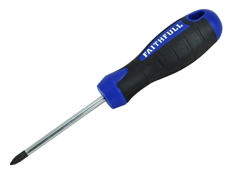 A Faithfull Pozi screwdriver with a comfort-grip handle and a hardened steel tip, for general assembly and fastening work.