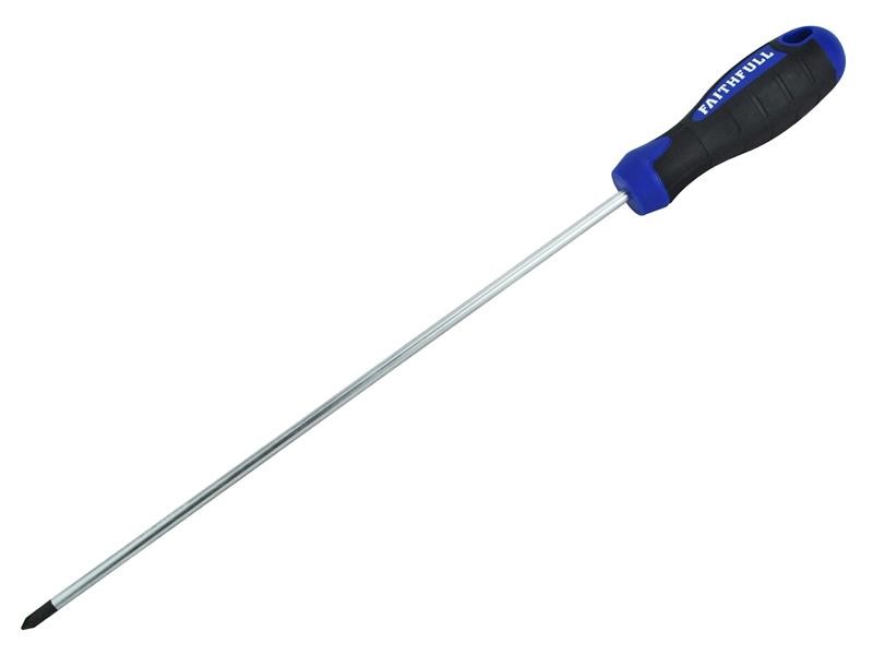 A Faithfull Pozi screwdriver with a comfort-grip handle and a hardened steel tip, for general assembly and fastening work.