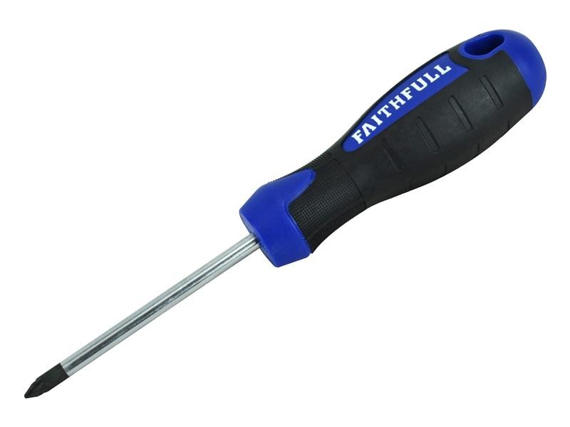 A Faithfull Pozi screwdriver with a comfort-grip handle and a hardened steel tip, for general assembly and fastening work.