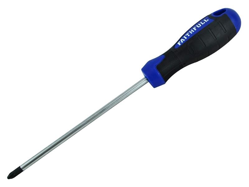 A Faithfull Pozi screwdriver with a comfort-grip handle and a hardened steel tip, for general assembly and fastening work.