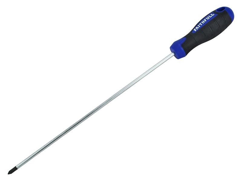 A Faithfull Pozi screwdriver with a comfort-grip handle and a hardened steel tip, for general assembly and fastening work.