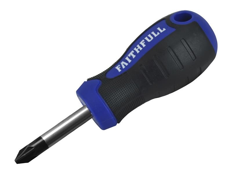 A Faithfull Pozi screwdriver with a comfort-grip handle and a hardened steel tip, for general assembly and fastening work.