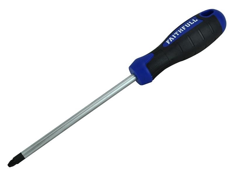 A Faithfull Pozi screwdriver with a comfort-grip handle and a hardened steel tip, for general assembly and fastening work.