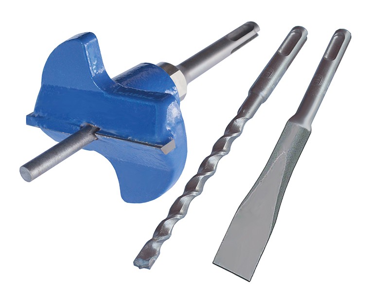 Three SDS drill attachments: a blue clay spade, a spiral masonry drill bit, and a wide flat chisel bit, all designed for rotary hammer drills, displayed on a white background.