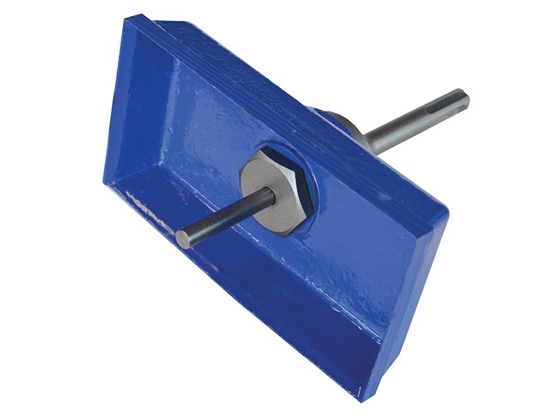 A blue rectangular metal tool attachment with a central bolt and a cylindrical metal rod extending out from the center, likely for use with power tools.