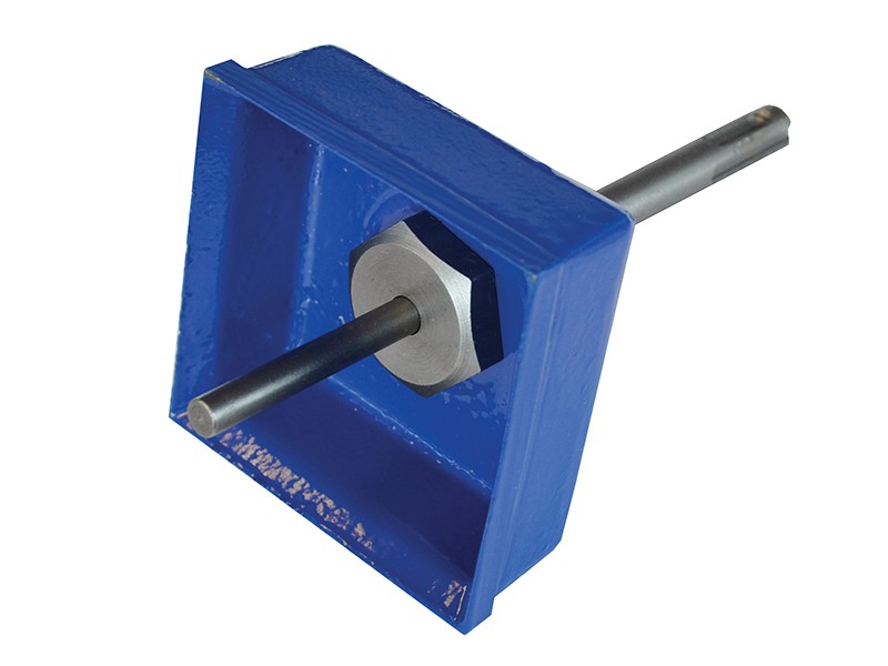 A blue metal tool with a square plate, a cylindrical rod passing through its center, and a hexagonal nut securing the rod in place. The tool appears to be used for mechanical or industrial purposes.