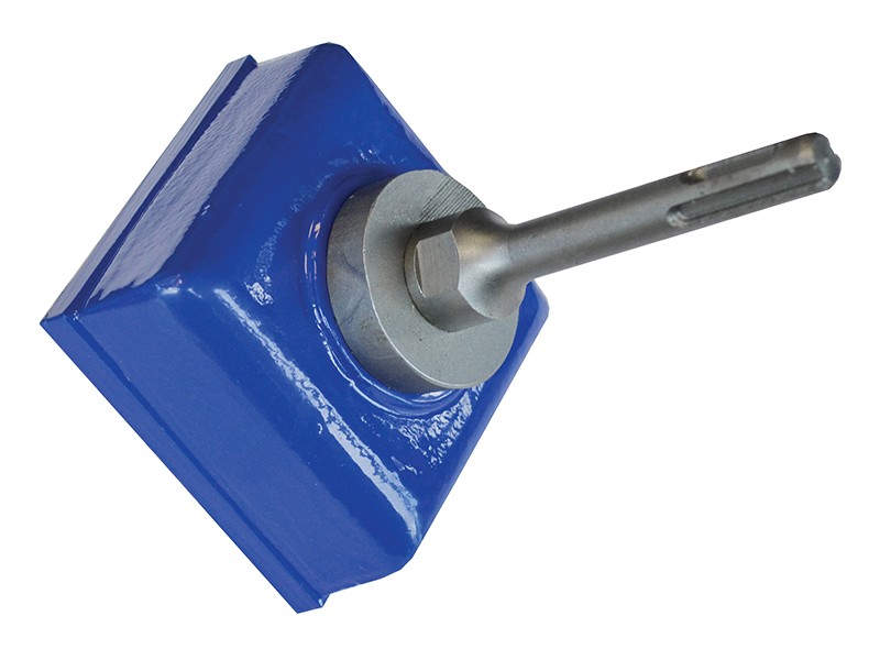 A metal tool with a shiny square blue base and a silver cylindrical shaft extending from the center, likely used as an attachment or adapter for machinery or power tools.