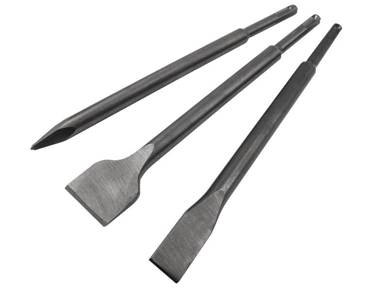 A hardened steel SDS demolition chisel with a wide flat blade, designed for use with SDS rotary hammers to break out tiles, mortar, and concrete.
