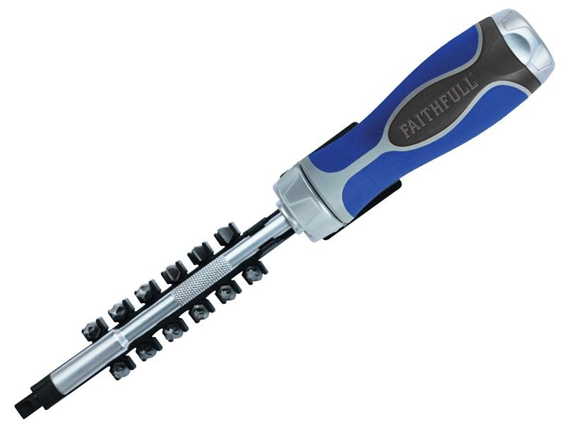 A set of 13 Faithfull screwdrivers with colour-coded handles covering a range of flathead and Phillips sizes.,