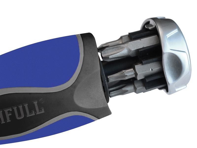 A set of 13 Faithfull screwdrivers with colour-coded handles covering a range of flathead and Phillips sizes.,