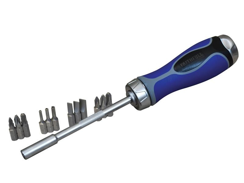 A set of 13 Faithfull screwdrivers with colour-coded handles covering a range of flathead and Phillips sizes.,