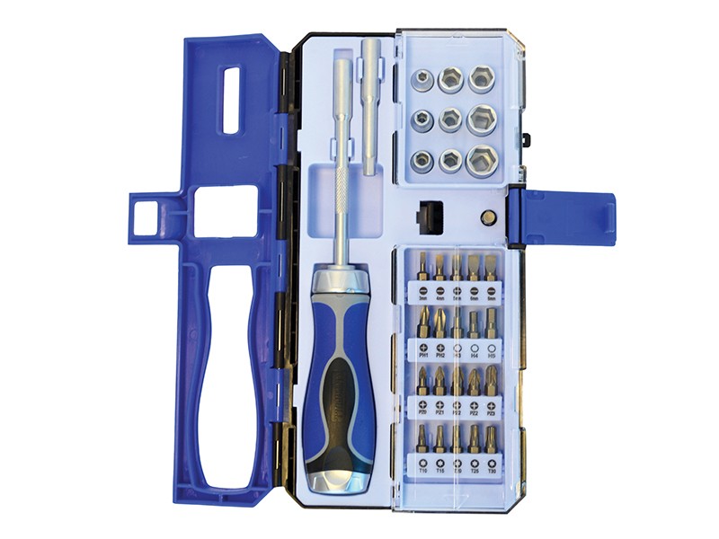 A Faithfull socket wrench set with a ratchet handle and multiple socket sizes, for tightening and loosening nuts and bolts.