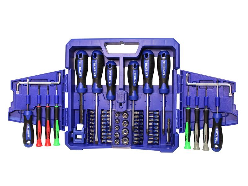 A set of 63 Faithfull screwdrivers with colour-coded handles covering a range of flathead and Phillips sizes.,