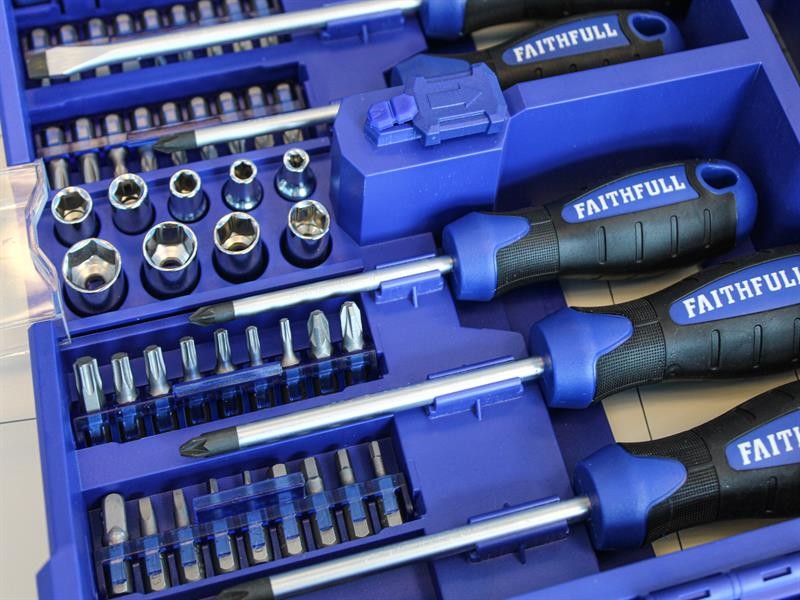 A set of 63 Faithfull screwdrivers with colour-coded handles covering a range of flathead and Phillips sizes.,