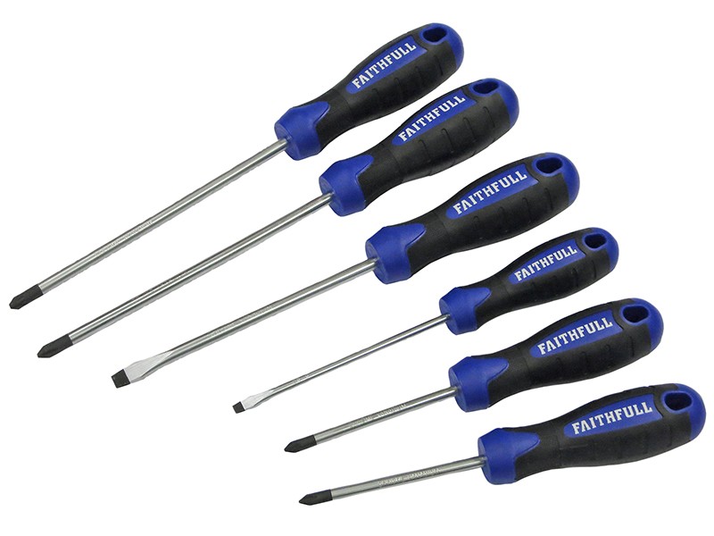 A set of six Faithfull screwdrivers with blue and black handles, arranged in a row. The set includes both flathead and Phillips screwdrivers of varying sizes.