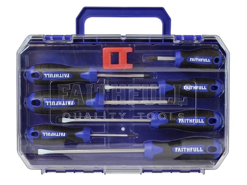A clear plastic toolbox with a blue handle holds eight screwdrivers with black and blue handles labeled FAITHFULL and a small red tool, all neatly organized in individual slots.