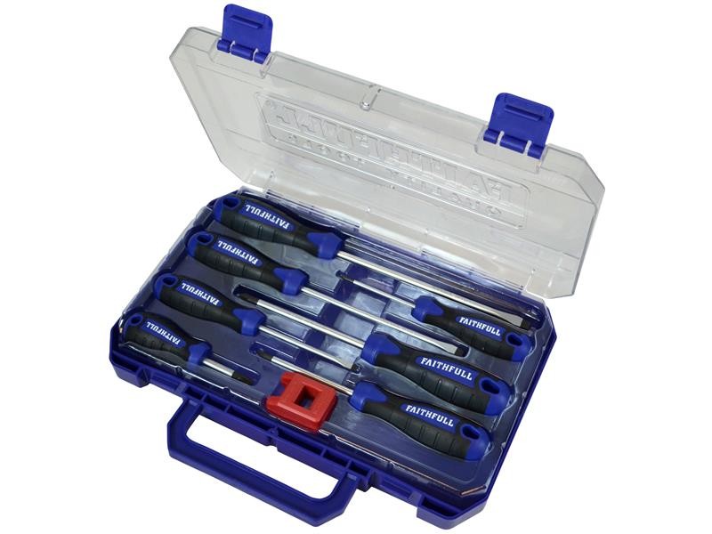 A blue plastic case with a clear lid contains a set of seven screwdrivers and a small red tool, all with black and blue handles, neatly arranged in individual slots.