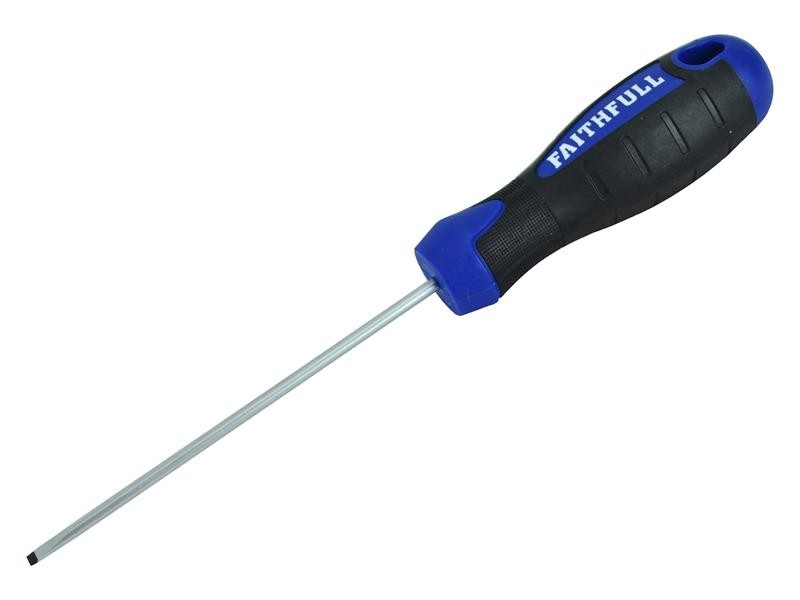 A Faithfull multi-tip screwdriver with a comfort-grip handle and a hardened steel tip, for general assembly and fastening work.
