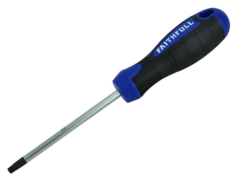 A Faithfull multi-tip screwdriver with a comfort-grip handle and a hardened steel tip, for general assembly and fastening work.