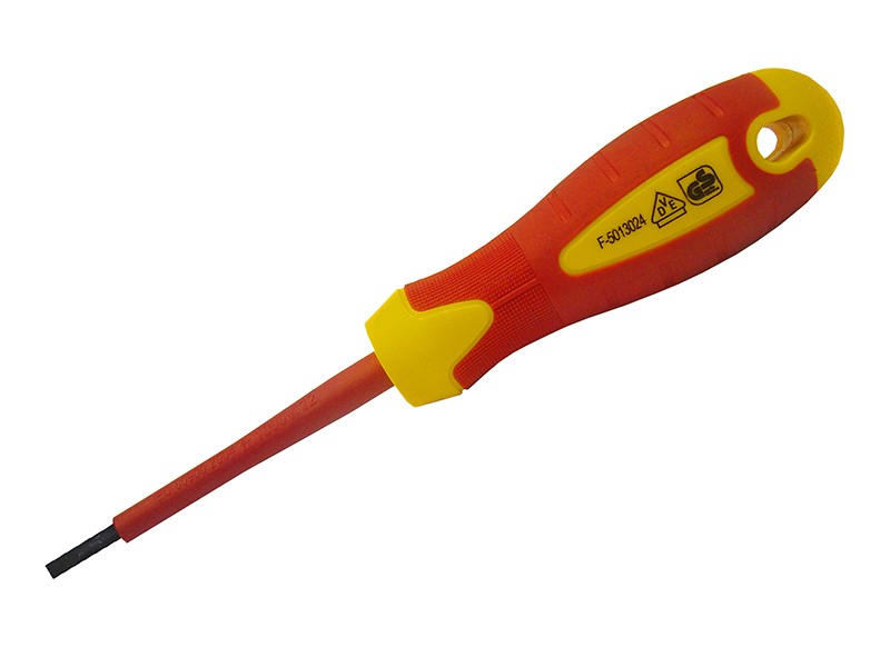 A Faithfull VDE-insulated flathead screwdriver with a 1000V-rated rubber handle, for safe use on live electrical equipment.
