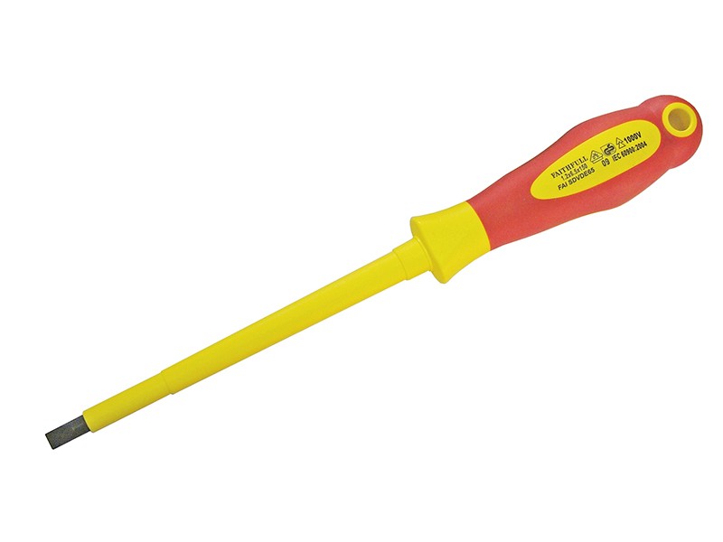 A Faithfull VDE-insulated flathead screwdriver with a 1000V-rated rubber handle, for safe use on live electrical equipment.