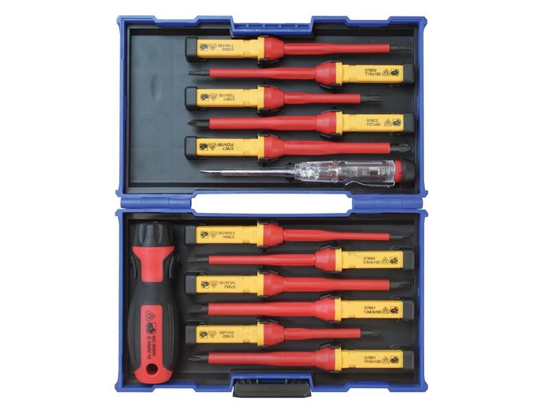 A set of 13 Faithfull screwdrivers with colour-coded handles covering a range of flathead and Phillips sizes.,