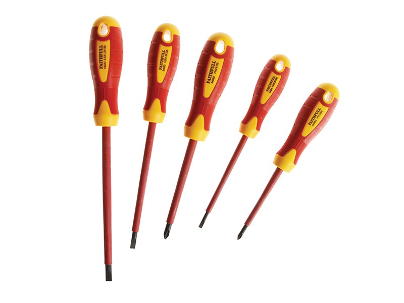 A set of 5 Faithfull screwdrivers with colour-coded handles covering a range of flathead and Phillips sizes.,
